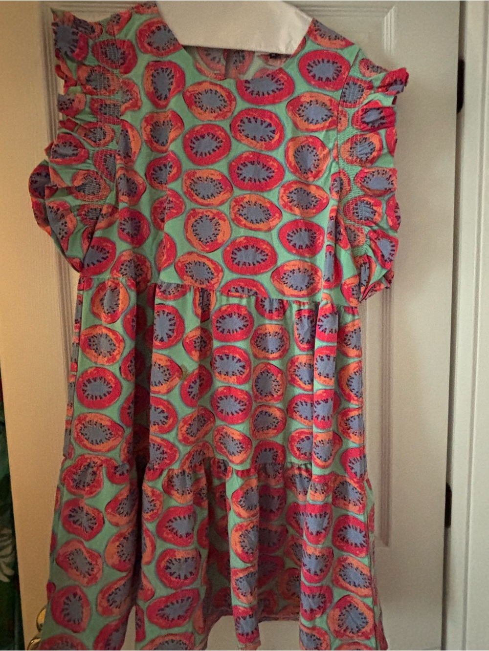 Michelle McDowell mint  & Coral Printed Ruffle Sleeve Dress